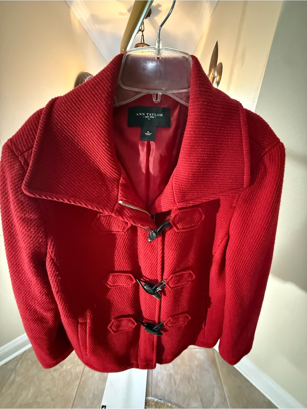 Ann Taylor Red Toggle Pea Coat with Wide Collar